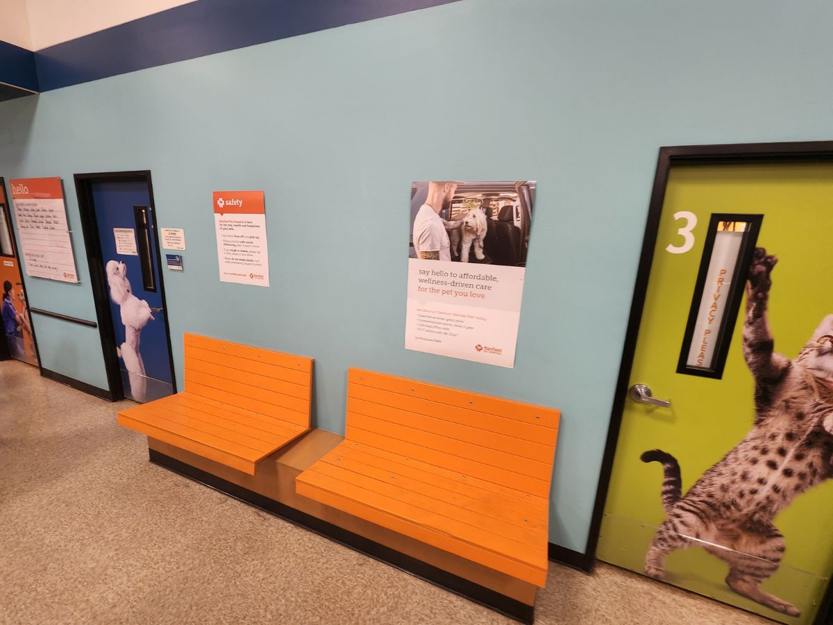 The exam room entrances and waiting area of the Woodhaven Banfield hospital