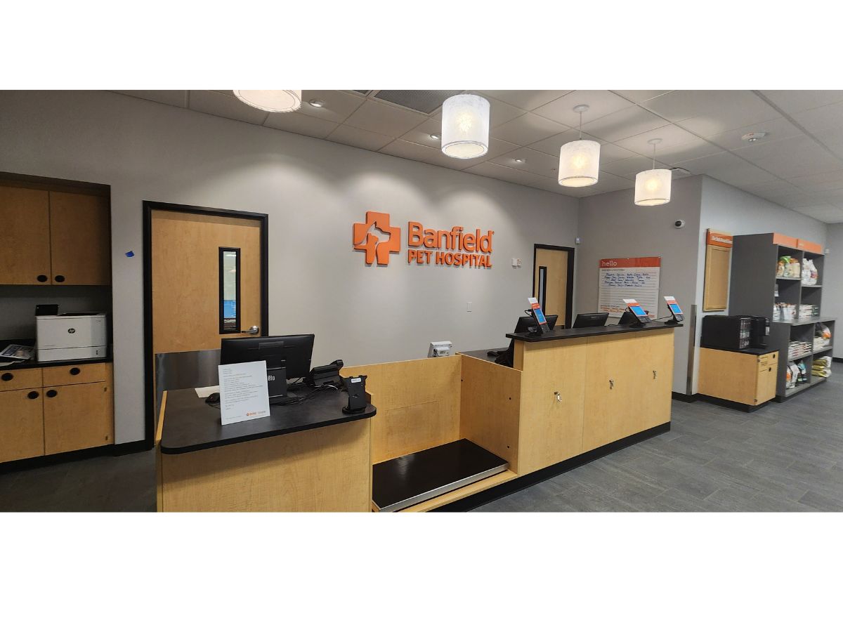 The front desk and lobby at the Waite Park Marketplace Banfield hospital