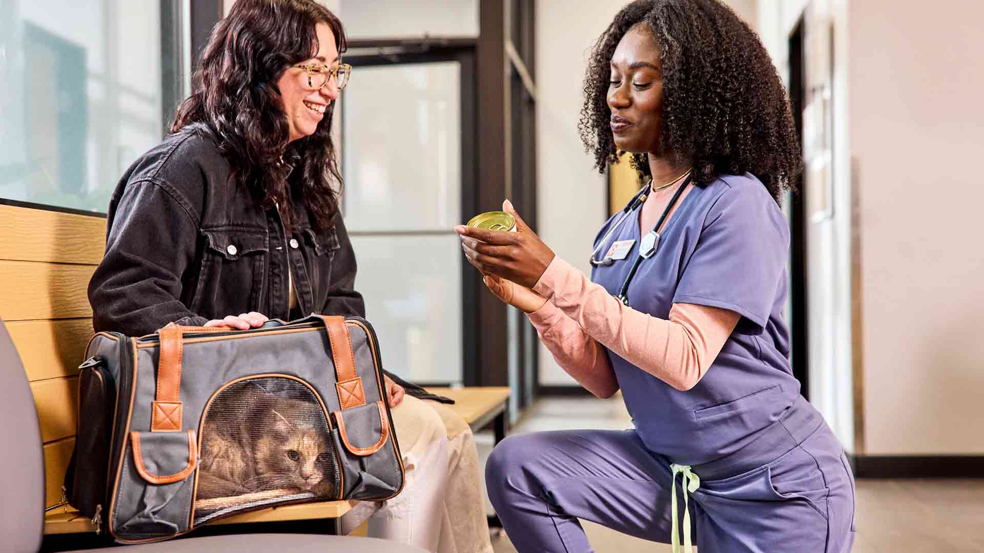 A Banfield veterinary professional reads a cat food label to an owner and her cat in a carrier in the waiting room