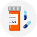 Illustration of an orange prescription medication bottle with blue pills