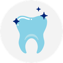 Illustrated icon of a tooth with blue sparkle stars around it