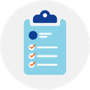 An illustration of a teal blue clipboard with orange checkmarks