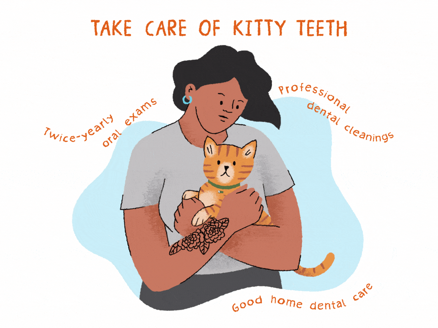 woman holds yawning orange kitten illustration
